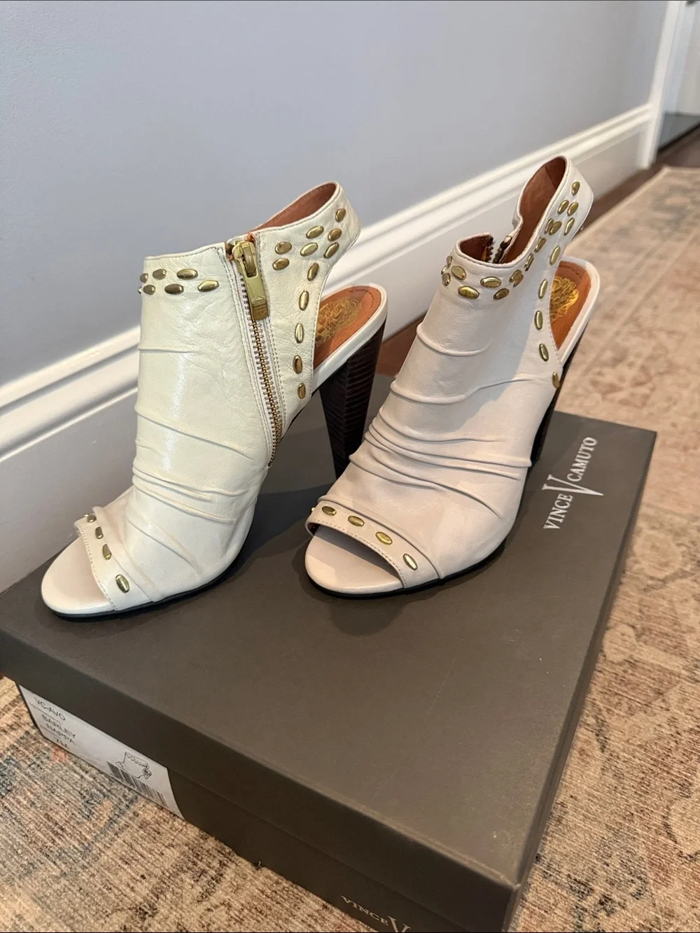 Vince Camuto Ivory Open-Toe Studded Leather Heels with Side Zipper